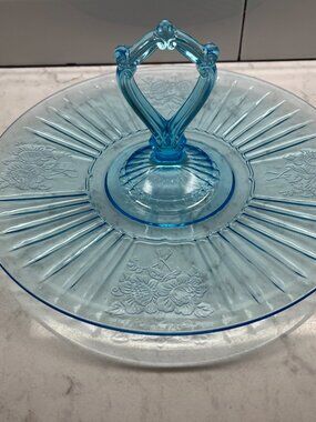 Anchor Hocking 1930’s Mayfair “Open Rose” Ice Blue CENTER HANDLE TRAY